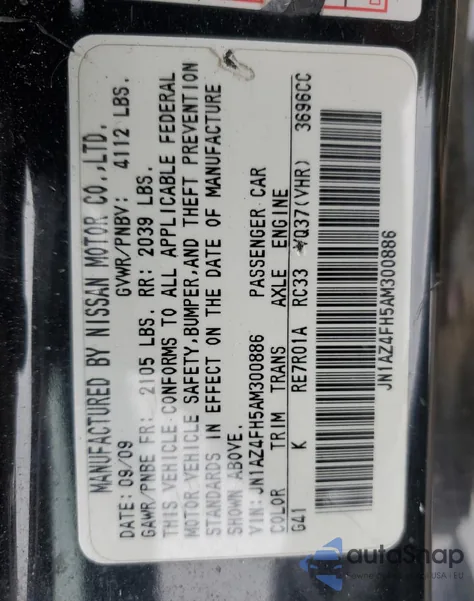 2010 Nissan 370Z from USA, damaged, VIN JN1AZ4FH5AM300886